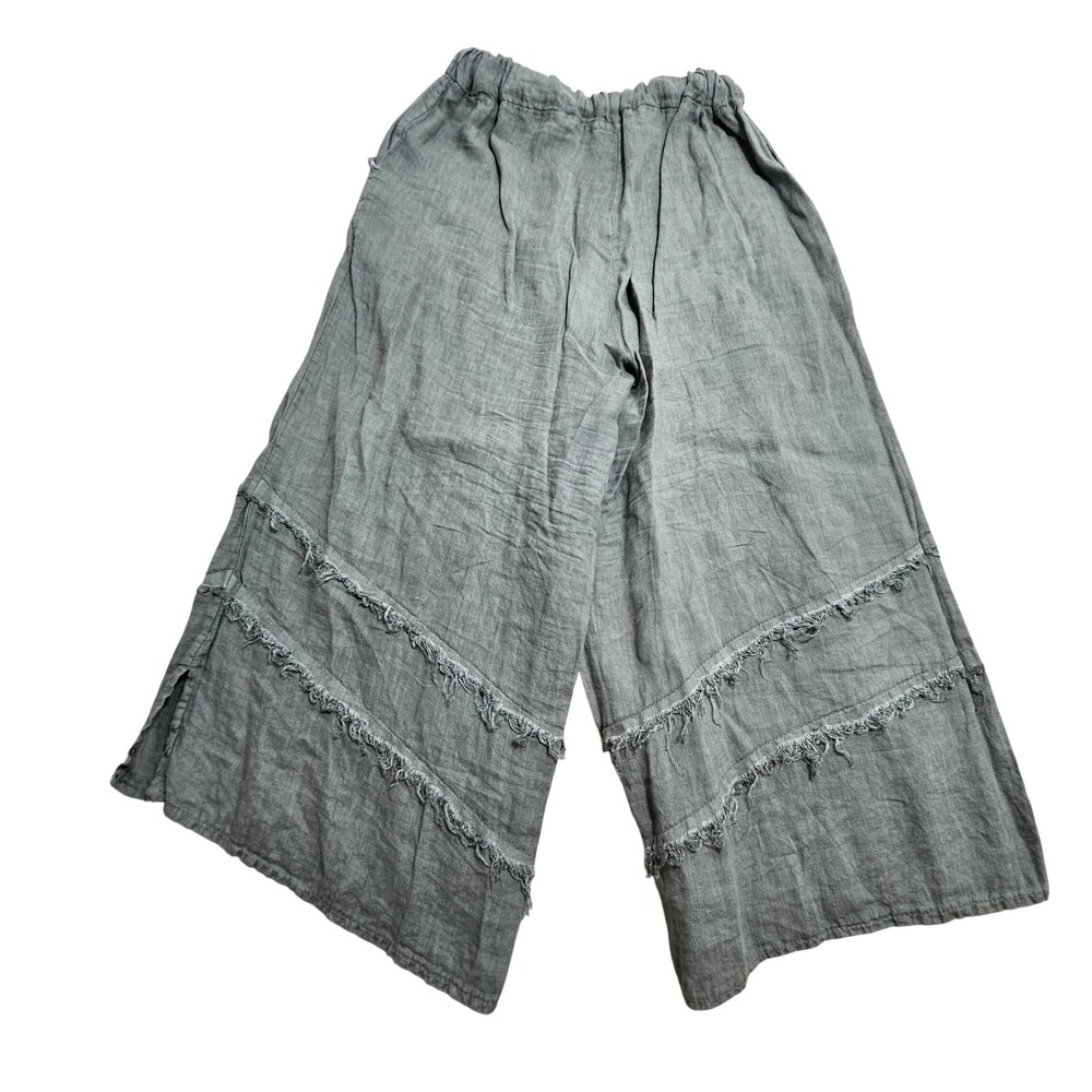 Tempo Paris Pants Women Small Green Linen Fringed Wide Leg Made in Italy 2272A